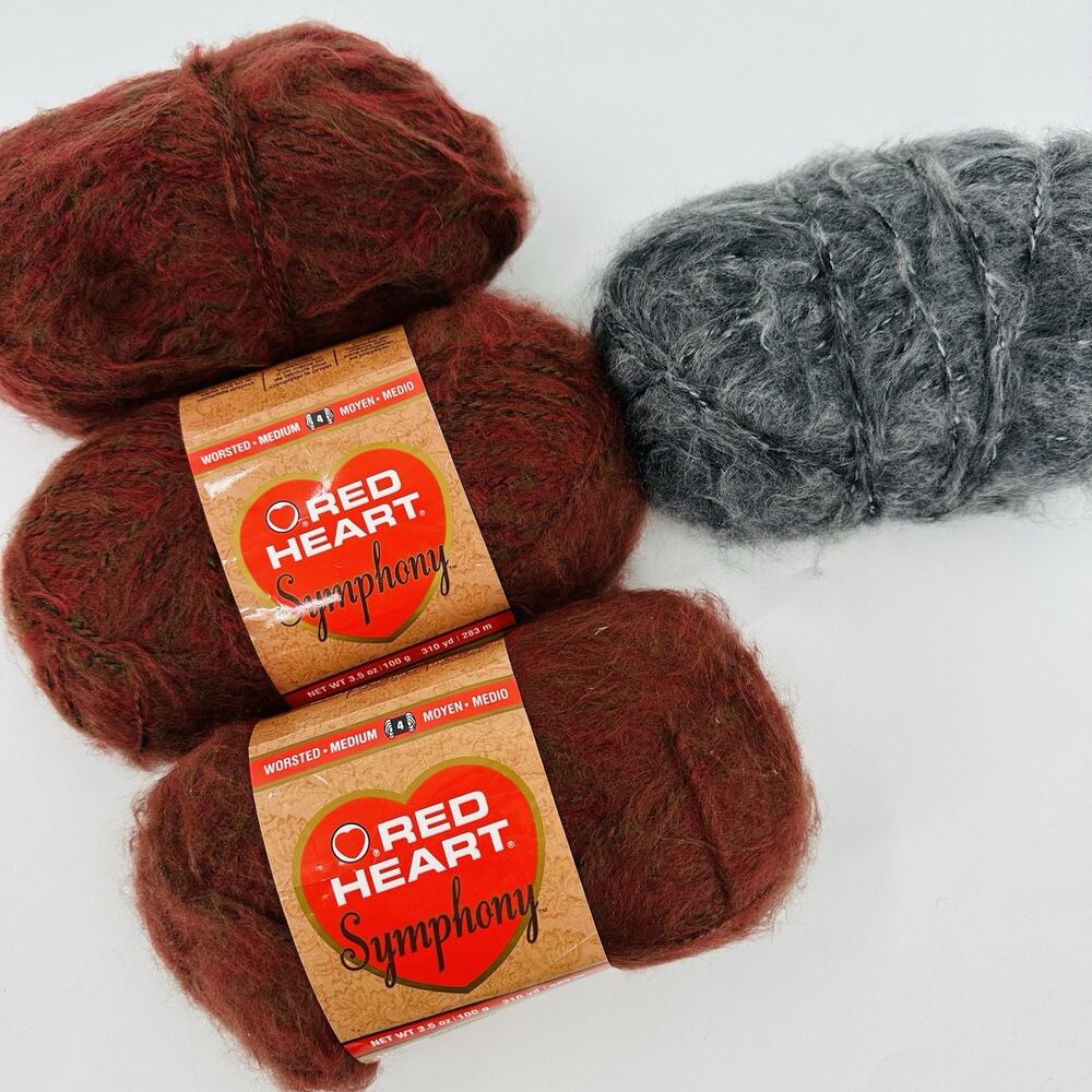 Red Heart Symphony Yarn 4 Skeins Redwood Red/Brown & Gray - 100% Acrylic